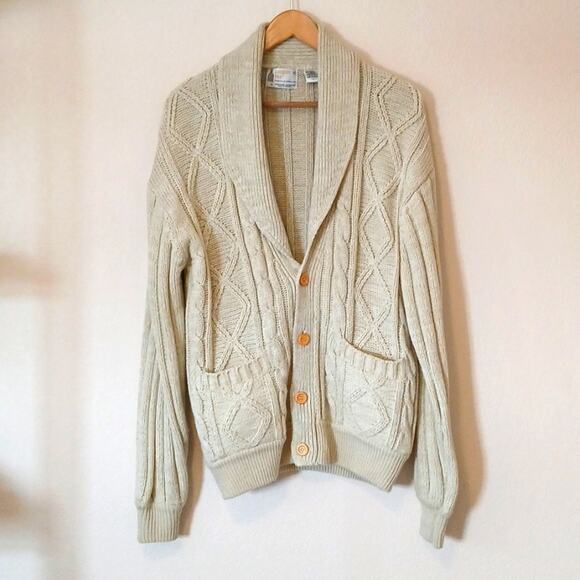 Vintage London Fog 80s Cable Knit Oatmeal Cardigan - Picture 1 of 4